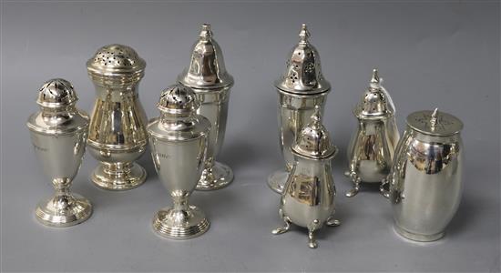 Three pairs of silver condiments including late Victorian and two other silver condiments, 10.5 oz.